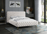 Delano Luxurious Velvet Bed with Deep Button Tufting, Elegant Gold Metal Legs, and Modern Design