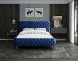 Delano Luxurious Velvet Bed with Deep Button Tufting, Elegant Gold Metal Legs, and Modern Design