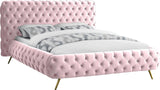 Delano Luxurious Velvet Bed with Deep Button Tufting, Elegant Gold Metal Legs, and Modern Design