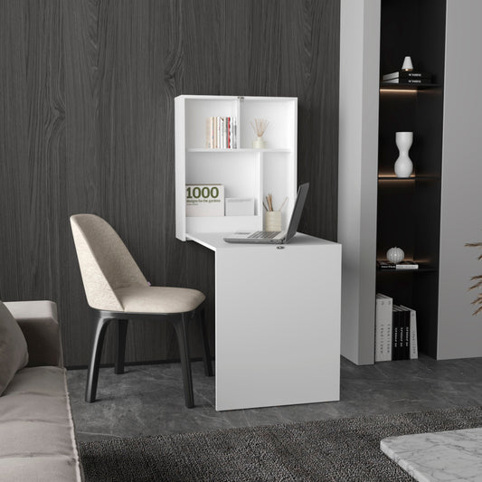 TUHOME Kaplar 33" Wide Folding Wall-Mounted Table with Four Shelves, Retractable Floating Desk, Space-Saving Foldable Workstation for Bedroom, Kitchen, Laundry Room, Office, Ironing Station and Small Spaces