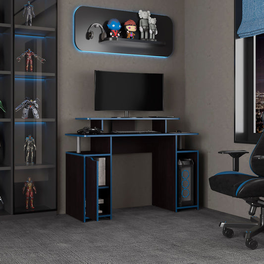 Keria 47" Wide 2-Tier Gamer Desk with Three Shelves, PC Tower Stand, Raised Monitor Shelf, Spacious Work Surface, Modern Desk for Gaming, Home Office, Work-from-home Setup