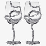 Stemmed Snake Wine Glass | Set of 2 | 19oz Spooky Reptile Glasses 10" H (Silver)
