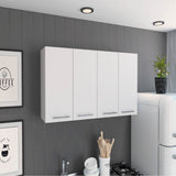 Tuhome 120 Four-Door Wall Cabinet in White with Spacious Storage and Metal Dish Rack for Kitchen, Garage, or Mudroom