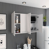 Tuhome 120 Four-Door Wall Cabinet in White with Spacious Storage and Metal Dish Rack for Kitchen, Garage, or Mudroom