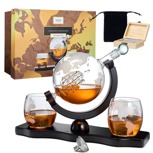 Whiskey Decanter Globe Set with 2 Etched Whiskey Glasses - 850ml