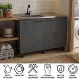 Napoles Utility Sink with Faucet Inclued and Integrated Steel Counter top, Freestanding cabinet with two doors, Metal Handles and Two interior shelves.