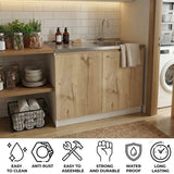 TUHOME Napoles Utility Sink Cabinet with Integrated Steel Sink, Double Door Storage, Interior Shelf and Durable Aluminum Countertop Offering Practical Organization and Functional Workspace.