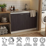Napoles Utility Sink with Faucet Inclued and Integrated Steel Counter top, Freestanding cabinet with two doors, Metal Handles and Two interior shelves.