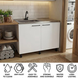 Napoles Utility Sink with Faucet Inclued and Integrated Steel Counter top, Freestanding cabinet with two doors, Metal Handles and Two interior shelves.