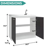 Napoles Utility Sink with Faucet Inclued and Integrated Steel Counter top, Freestanding cabinet with two doors, Metal Handles and Two interior shelves.