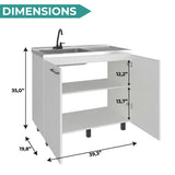 Napoles Utility Sink with Faucet Inclued and Integrated Steel Counter top, Freestanding cabinet with two doors, Metal Handles and Two interior shelves.