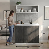 Napoles Utility Sink with Faucet Inclued and Integrated Steel Counter top, Freestanding cabinet with two doors, Metal Handles and Two interior shelves.