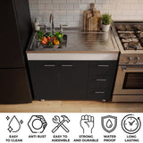 Ferretti Utility Sink Base Cabinet with Stainless Steel Countertop, Three Storage Drawers, Double-Door Cabinet and Integrated Faucet Opening for Modern Kitchen Organization, Prep Convenience and Functional Home Utility