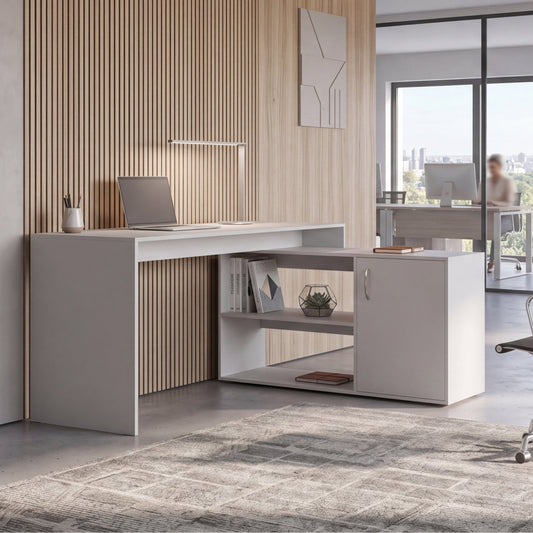 Tuhome Axis Modern L-Shaped Computer Desk with Spacious Work Surface, Open Shelving, Closed Storage Cabinet with Interior Shelves, Contemporary Corner Desk for Home Office Organization and Efficient Work-From-Home Setups