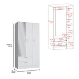 Riverside 3-Door Armoire with Hanging Rod, Two Drawers and Multi-Compartment Storage, Modern Wardrobe Closet for Organized Clothing, Accessories and Bedroom Essentials, Large Vertical Storage Cabinet