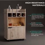 Phoenix Bar Cart with Two Open Shelves, Four Wine Cubbies and a Hinged-Door Storage Cabinet, Modern Mobile Serving Cart for Home Entertaining with Multi-Level Organization and Convenient Space-Saving Design