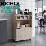 Phoenix Bar Cart with Two Open Shelves, Four Wine Cubbies and a Hinged-Door Storage Cabinet, Modern Mobile Serving Cart for Home Entertaining with Multi-Level Organization and Convenient Space-Saving Design