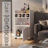 Phoenix Bar Cart with Two Open Shelves, Four Wine Cubbies and a Hinged-Door Storage Cabinet, Modern Mobile Serving Cart for Home Entertaining with Multi-Level Organization and Convenient Space-Saving Design
