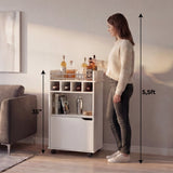 Phoenix Bar Cart with Two Open Shelves, Four Wine Cubbies and a Hinged-Door Storage Cabinet, Modern Mobile Serving Cart for Home Entertaining with Multi-Level Organization and Convenient Space-Saving Design