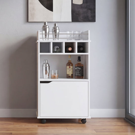 Phoenix Bar Cart with Two Open Shelves, Four Wine Cubbies and a Hinged-Door Storage Cabinet, Modern Mobile Serving Cart for Home Entertaining with Multi-Level Organization and Convenient Space-Saving Design