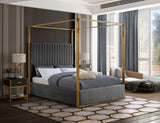 Jones Velvet Canopy Bed with Elegant Channel Tufting and Brushed Brass Frame for Luxurious Comfort