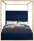 Jones Velvet Canopy Bed with Elegant Channel Tufting and Brushed Brass Frame for Luxurious Comfort
