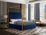 Jones Velvet Canopy Bed with Elegant Channel Tufting and Brushed Brass Frame for Luxurious Comfort