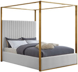 Jones Elegant Velvet Canopy Bed with Channel Tufted Headboard and Brushed Brass Metal Frame