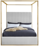 Jones Elegant Velvet Canopy Bed with Channel Tufted Headboard and Brushed Brass Metal Frame