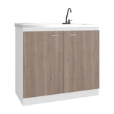 Napoles Utility Sink with Faucet Inclued and Integrated Steel Counter top, Freestanding cabinet with two doors, Metal Handles and Two interior shelves.