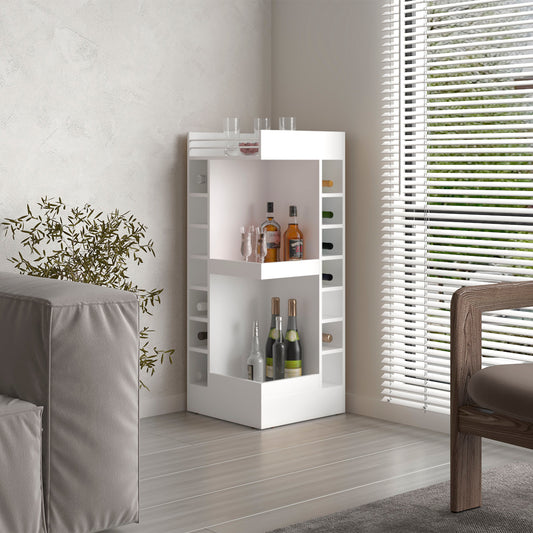 TUHOME Lyman 46" Tall Corner Bar Cabinet with Fourteen Wine Bottle Cubbies and Three-Tier Storage, Space-Saving Liquor Cabinet for Living Room or Dining Room, Modern Home Bar Organizer with Open Shelves and Contemporary Design