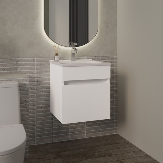 Primavera 18" Wide Floating Bathroom Vanity with One Cabinet and Two Open Shelves, Compact Wall-Mounted Modern Vanity for Small Bathrooms, Storage Organizer for Towels, Toiletries, and Essentials