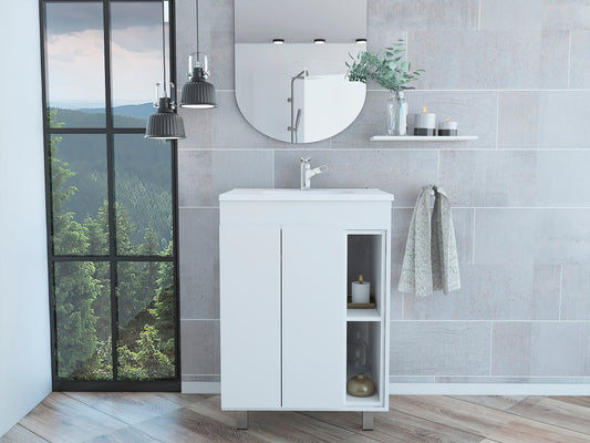 TUHOME Meka 24 Inch Bathroom Vanity with Double Door Cabinet, Tiered Interior Shelves, Open Cubbies and Integrated Sink Offering Modern Storage, Practical Organization and Durable Engineered Wood Construction for Home Bathrooms