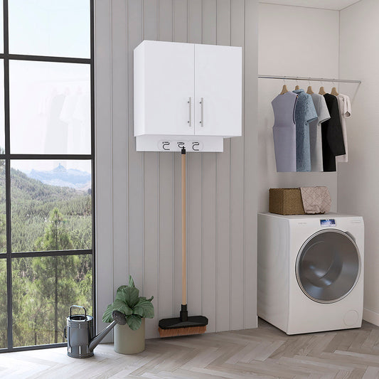 Tuhome Kymo Wall Storage Cabinet with Double Doors, Internal Shelving and Integrated Broom Hangers, Space-Saving Wall-Mounted Utility Organizer for Cleaning Supplies with Modern Design and Durable Construction