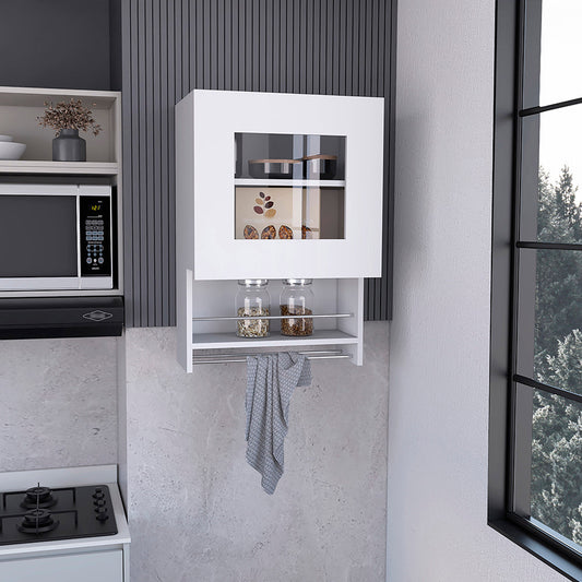 Tuhome Balboa Wall Cabinet with Single Glass Door, Interior Storage Shelf, Open Lower Shelf and Integrated Towel Bar, Space-Saving Mounted Organizer for Kitchen Essentials and Everyday Use
