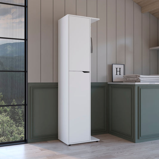 TUHOME Austin Storage Broom Closet with Magnetic-Closure Doors, Tall Multi-Purpose Utility Cabinet for Cleaning Supplies, Durable Engineered Wood Construction and Space-Saving Design Available in White, Black or Beige