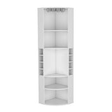 Oban Corner Bar Cabinet with Five Shelves, Eight Bottle Cubbies and Stemware Storage, Space-Saving Full-Corner Design for Home Entertainment, Multi-Level Display and Organized Beverage Storage for Modern Living Spaces