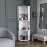 Oban Corner Bar Cabinet with Five Shelves, Eight Bottle Cubbies and Stemware Storage, Space-Saving Full-Corner Design for Home Entertainment, Multi-Level Display and Organized Beverage Storage for Modern Living Spaces