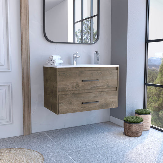 Praga Floating Vanity Sink with Two Storage Drawers, Wall-Mounted Space-Saving Design, Modern Handles and Integrated Basin for Enhanced Bathroom Organization, Contemporary Style and Everyday Convenience