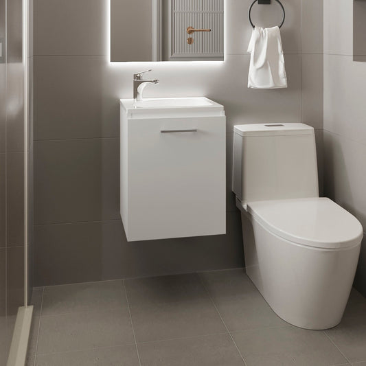 Saju 15.7" Floating Vanity with Resin Sink, One-Door Cabinet, and Open Shelf for Modern Bathroom Storage, Space-Saving Design for Small Bathrooms, Powder Rooms, and Tight Spaces, Ideal for Contemporary Interiors