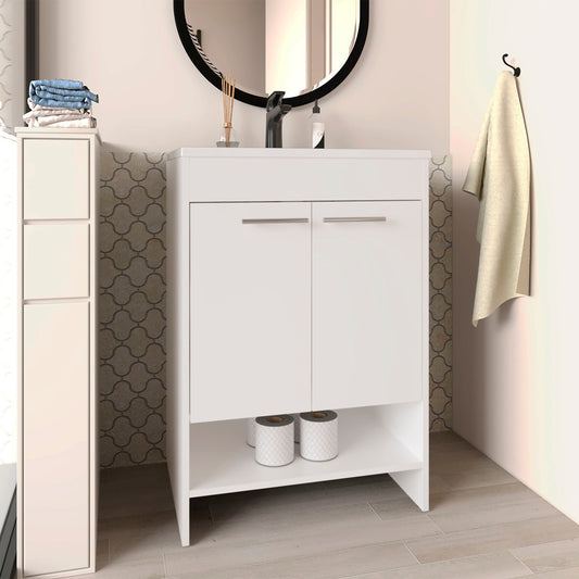 Lorenzo Free-Standing Bathroom Vanity Console Featuring Sleek Finish Design and Spacious Storage Functionality with Four Pull-Out Utility Drawers and Two Open Shelves for Optimized Organization