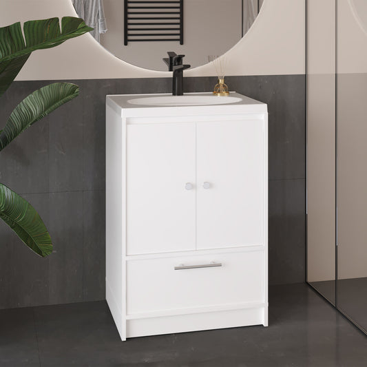 Madison Freestanding Bathroom Vanity Console Modern Design Featuring Two Cabinet Doors and One Pull-Out Utility Drawer Ample Storage Solution for Superior Organization and Utility in Large Spaces