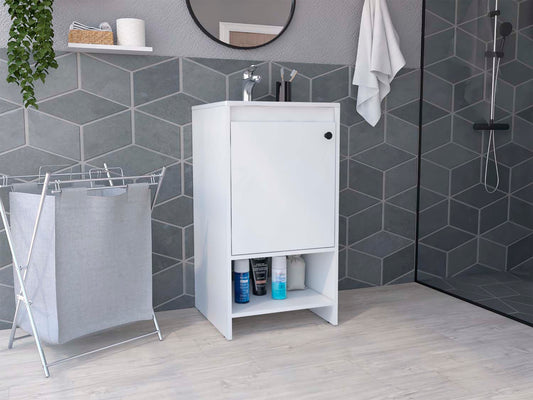 Tuhome Jane Bathroom Vanity with Single-Door Cabinet, Interior Storage Shelf, Open Lower Display Shelf, Modern Compact Sink Base Organizer for Toiletries, Linens, Daily Essentials, and Small Bathroom Optimization