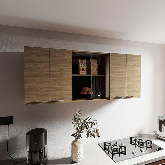Tuhome Superior 150 Wall Cabinet with Six Doors, Glass Center Display, Built-In Dish Rack, Four Interior Shelves, Double-Door Storage, Kitchen Wall Organizer for Dishes, Cups, and Small Appliances