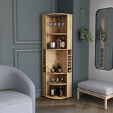 Oban Corner Bar Cabinet with Five Shelves, Eight Bottle Cubbies and Stemware Storage, Space-Saving Full-Corner Design for Home Entertainment, Multi-Level Display and Organized Beverage Storage for Modern Living Spaces
