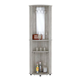 TUHOME Chicago Mirrored Corner Bar Cabinet with Double Glass Doors, Stemware Rack, Two Open Shelves and Space-Saving Triangular Design, Elegant Vertical Liquor Storage Solution for Living Rooms and Home Entertainment Areas