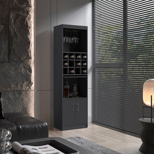 Kevil 71-Inch Tall Bar Cabinet with Pull-Out Tray, 12-Bottle Wine Cubbies, Glass Holder Stemware Rack, Multi-Tier Shelves, Liquor Storage, Adjustable Compartments and Modern Freestanding Design for Home Entertainment