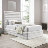 Maxwell Contemporary Bed – Luxurious Cream Linen Texture with Deep Channel Tufting for Elegance