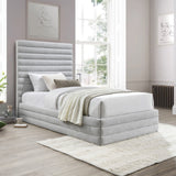 Maxwell Contemporary Bed – Luxurious Cream Linen Texture with Deep Channel Tufting for Elegance