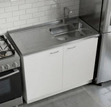 TUHOME Napoles Utility Sink Cabinet with Integrated Steel Sink, Double Door Storage, Interior Shelf and Durable Aluminum Countertop Offering Practical Organization and Functional Workspace.